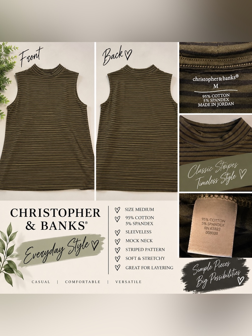 Christopher & Banks Olive Green Striped Mock Neck Tank Top